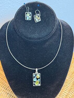 Lia Sophia Mosaic Tile Pendant Necklace and Earrings - Green, Blue, Yellow